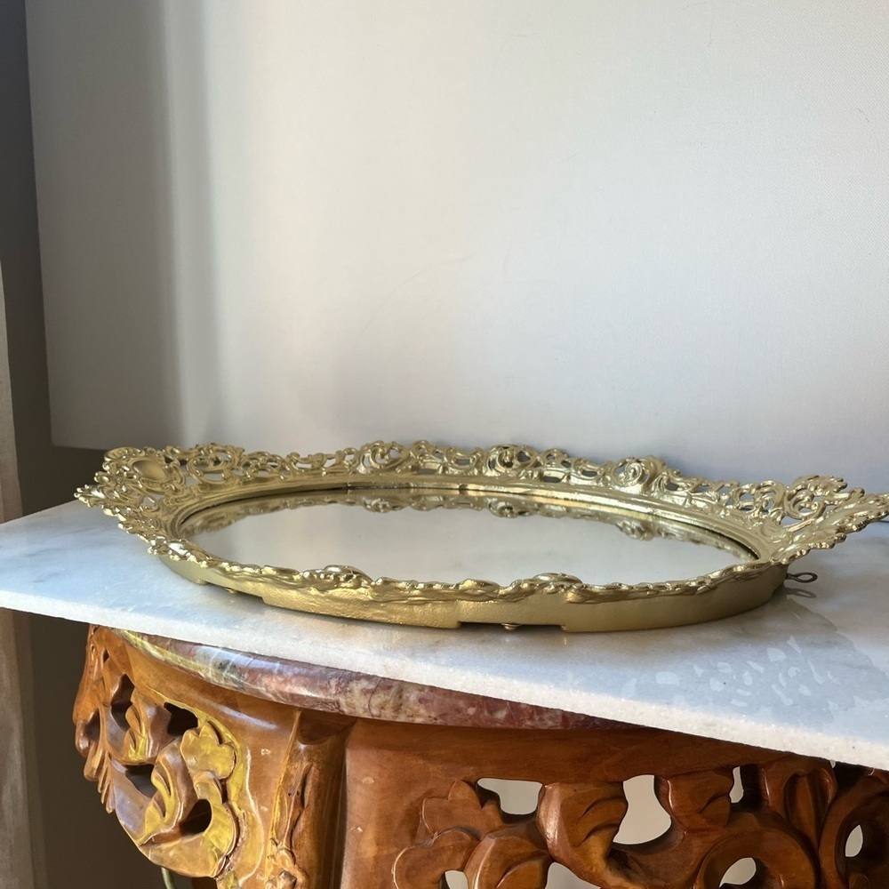 Vintage gold ornate oval wall mirror or vanity tray by Robert Emig 1960